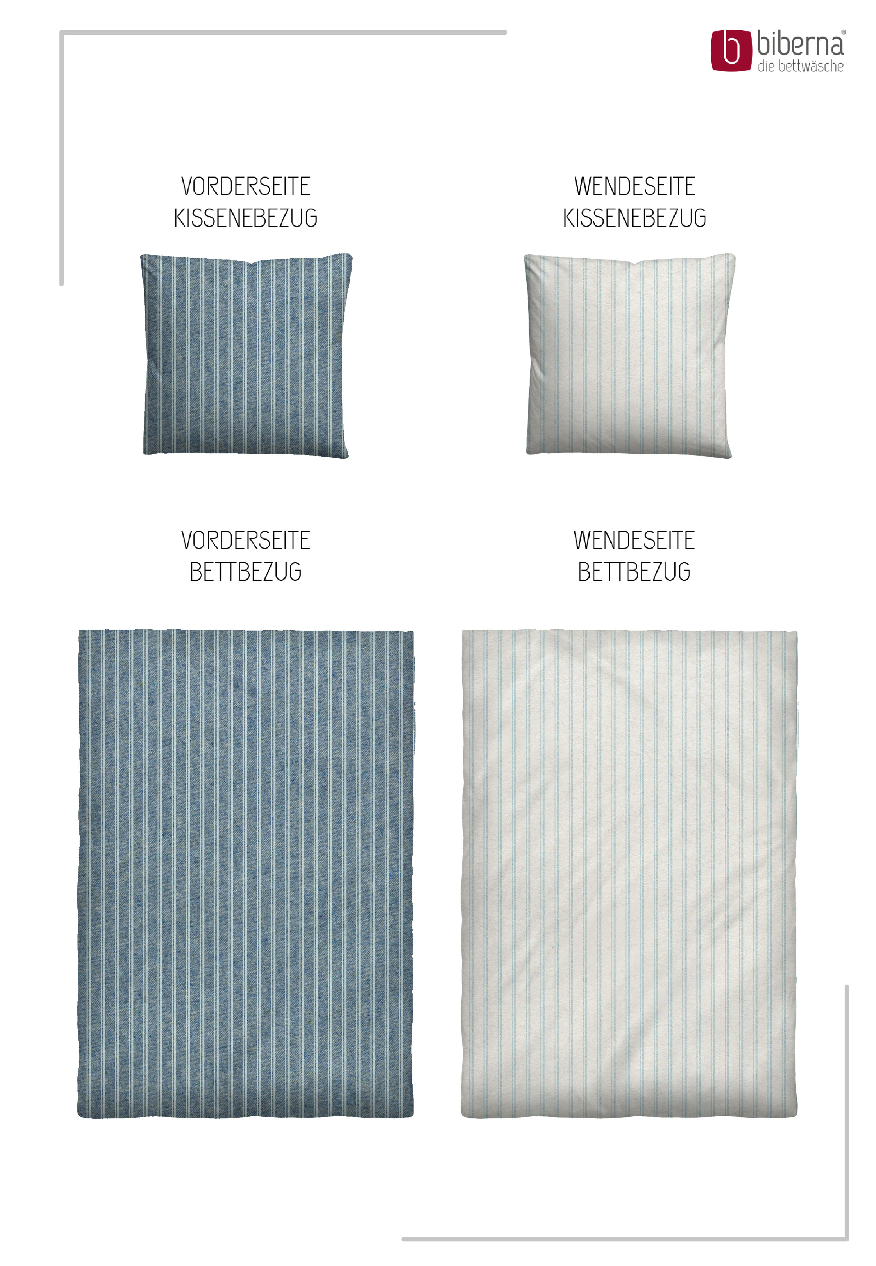 Biberna Wendebettwäsche blau 135x200 cm, Melange-Flanell-Bettwäsche