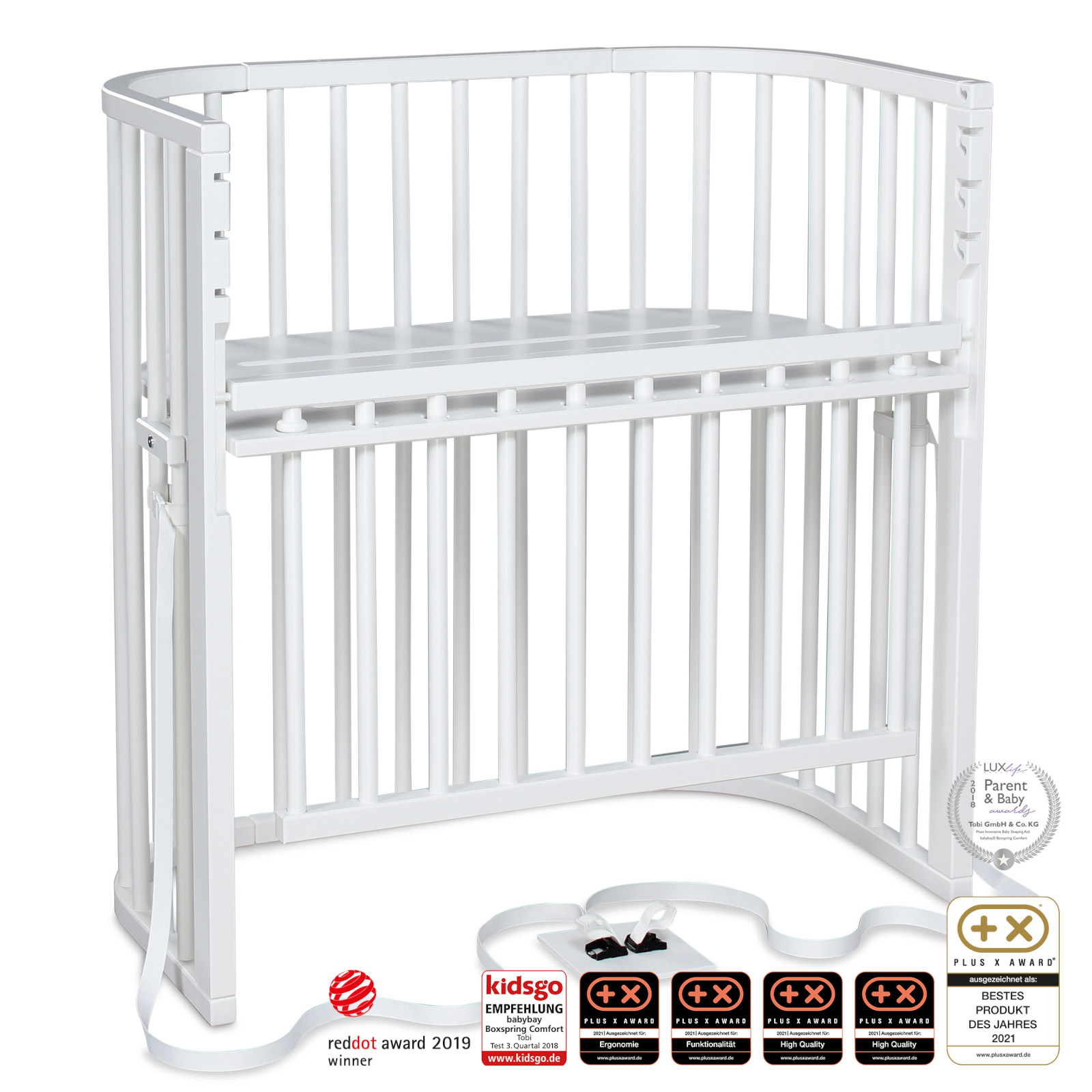 babybay Boxspring Comfort Plus Beistellbett, Buche weiß lackiert, extra belüftet