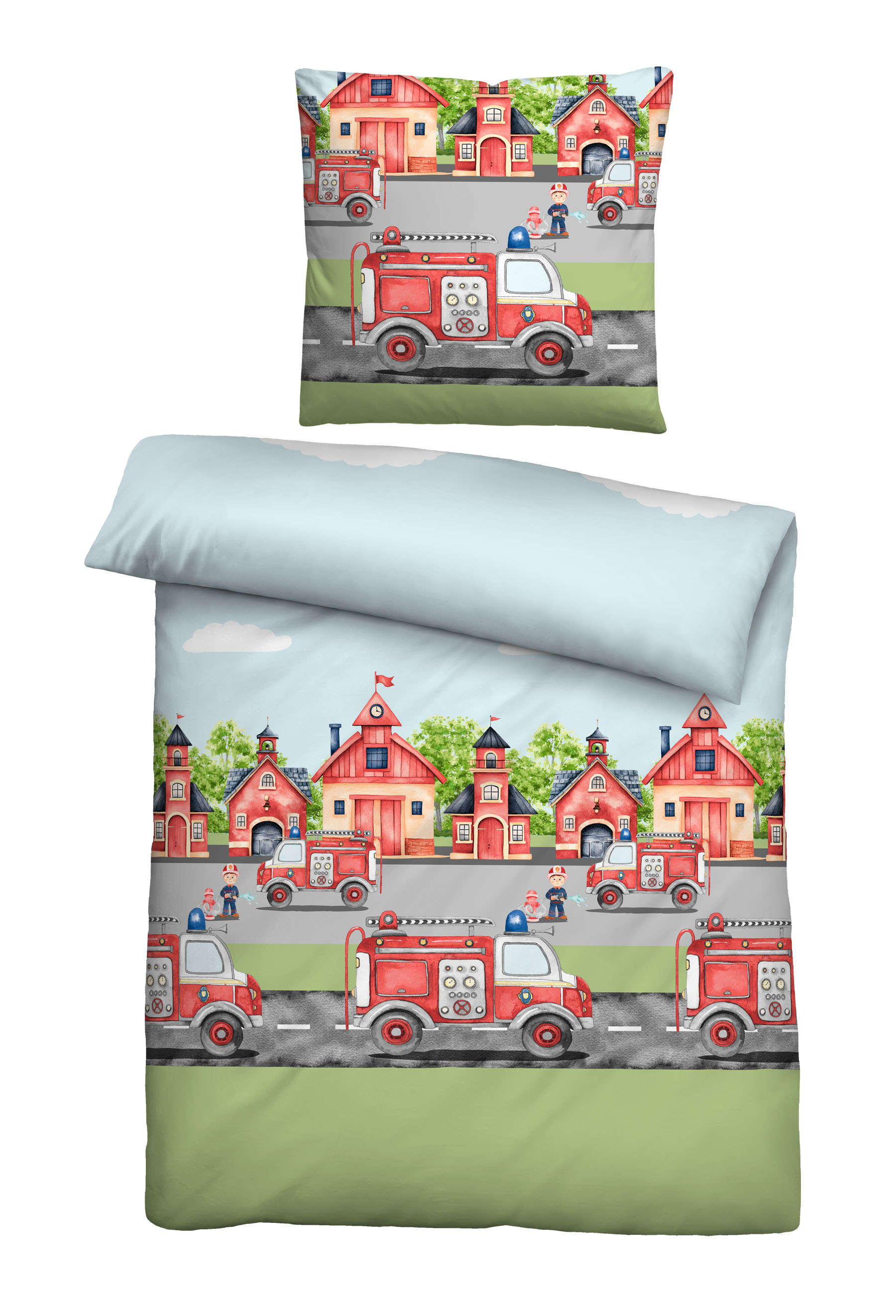 Biberna Feinbiber Bettwäsche, Größe 1x 135x200 cm + 1x 80x80 cm, Feuerwehr
