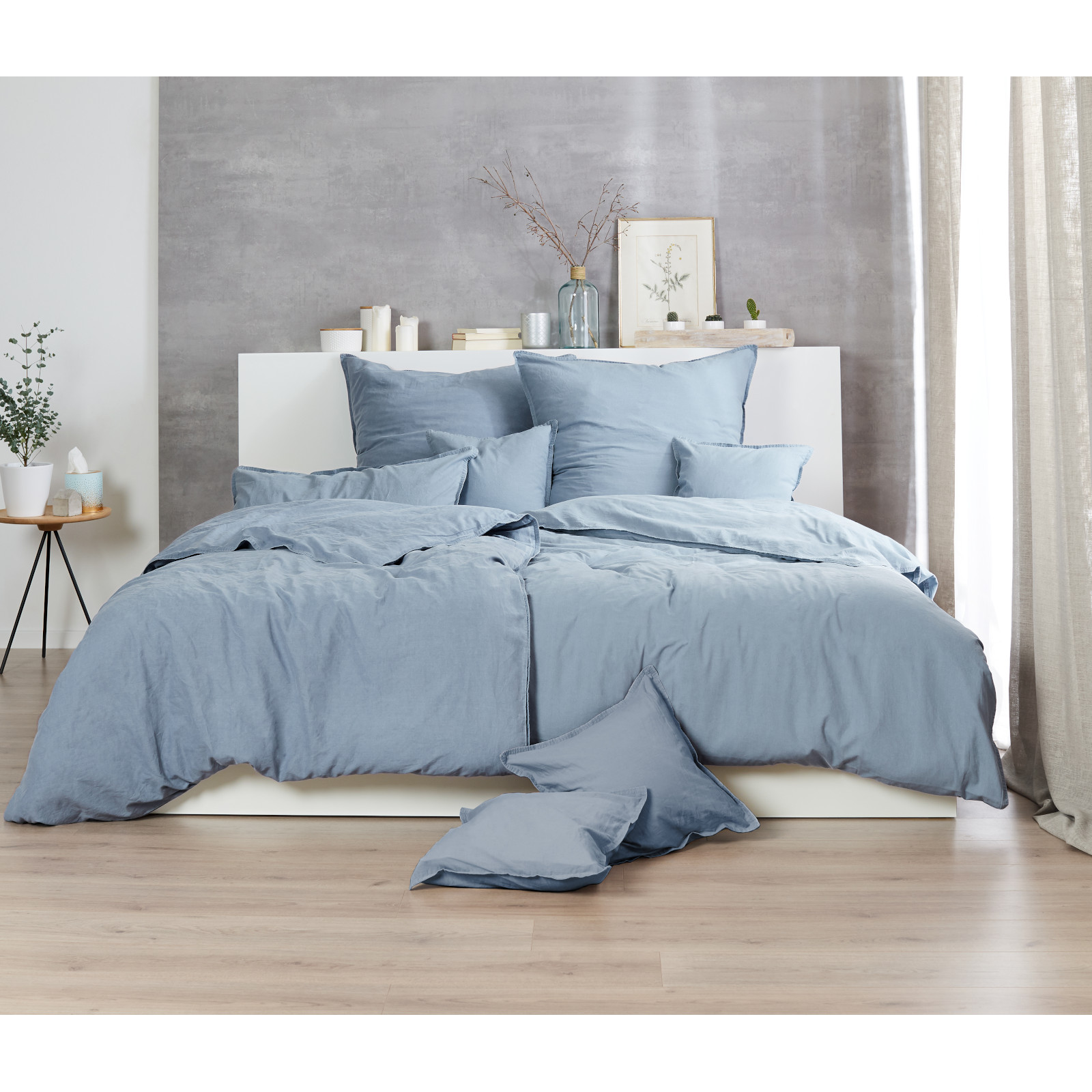 Hahn Haustextilien Renforce Bettwäsche stone washed denim in Stofftasche Größe 135x200 cm