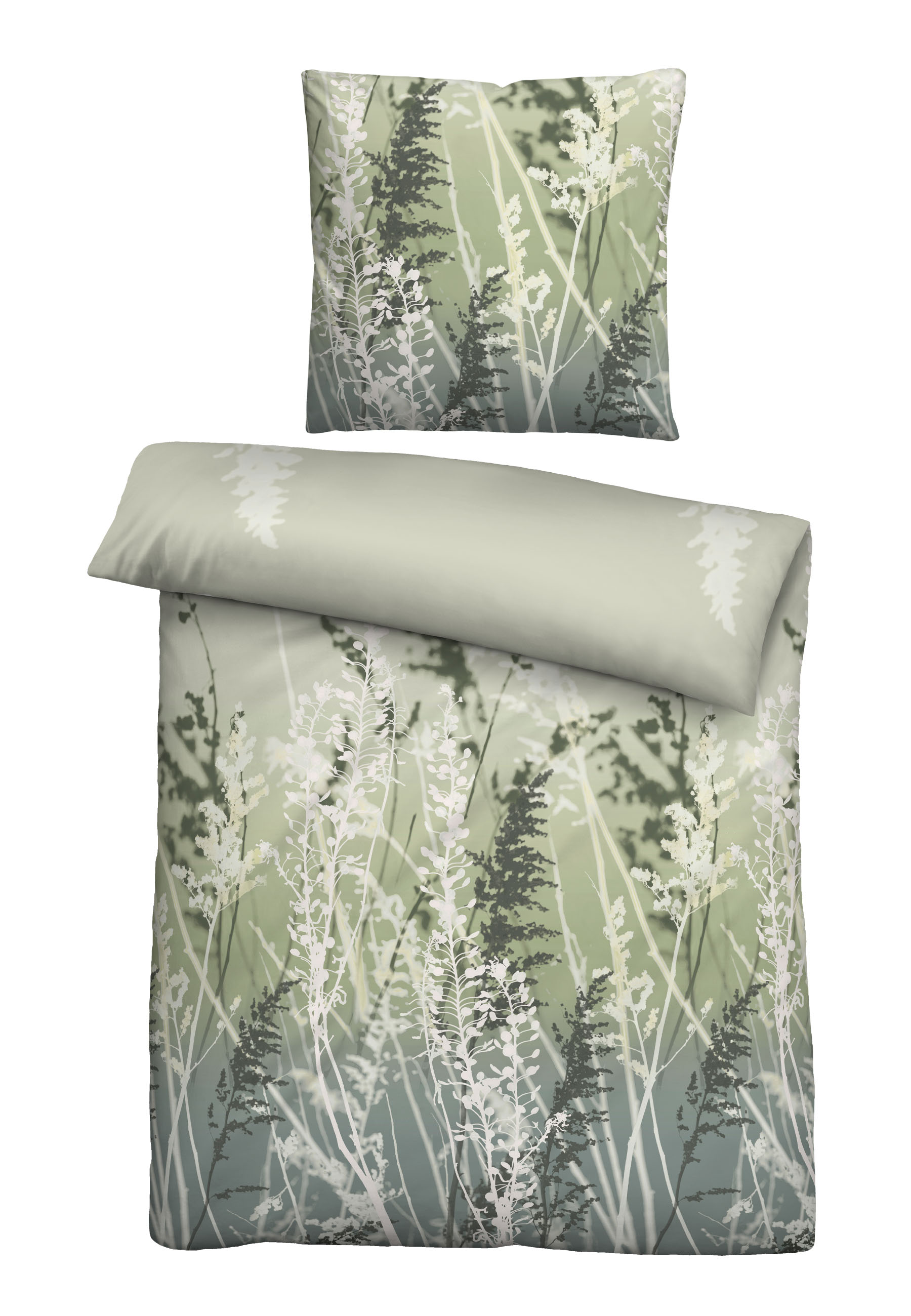 Biberna Feinbiber Bettwäsche Gräser, 155x220 cm+80x80 cm, pistaziengrün