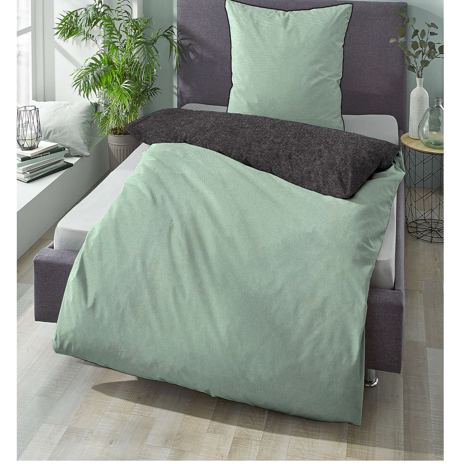 Biberna Melange Flanell-Wendebettwäsche 0840500-428, Größe 135x200 cm, mint