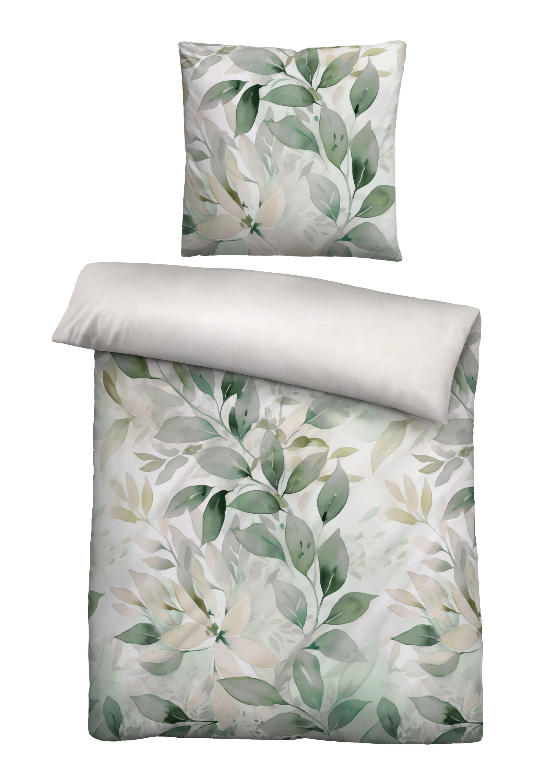 Biberna Blätterranke 155x220 cm+80x80 cm, Satin-Bettwäsche fichte