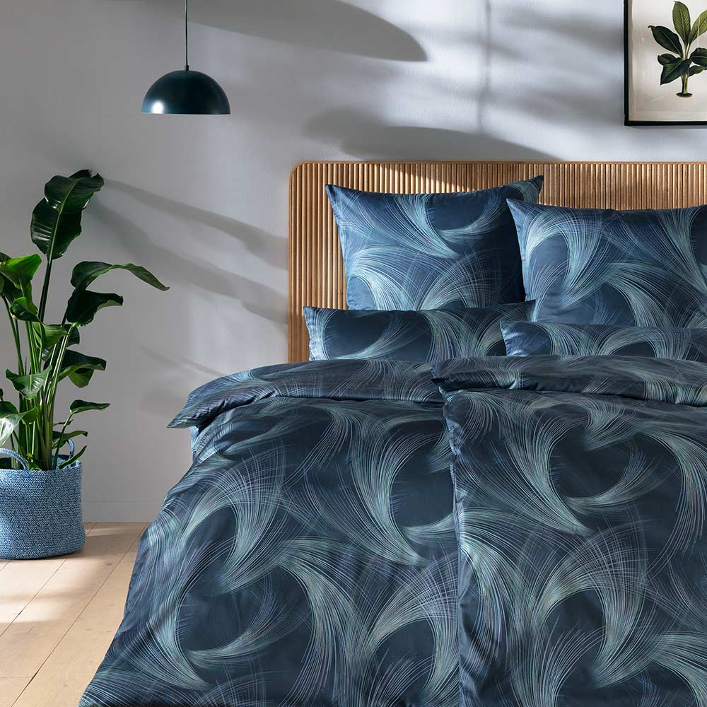 Estella Mako-Satin-Bettwäsche Lino, Größe 135x200+80x80 cm+40x80 cm Kissenbezug, navy