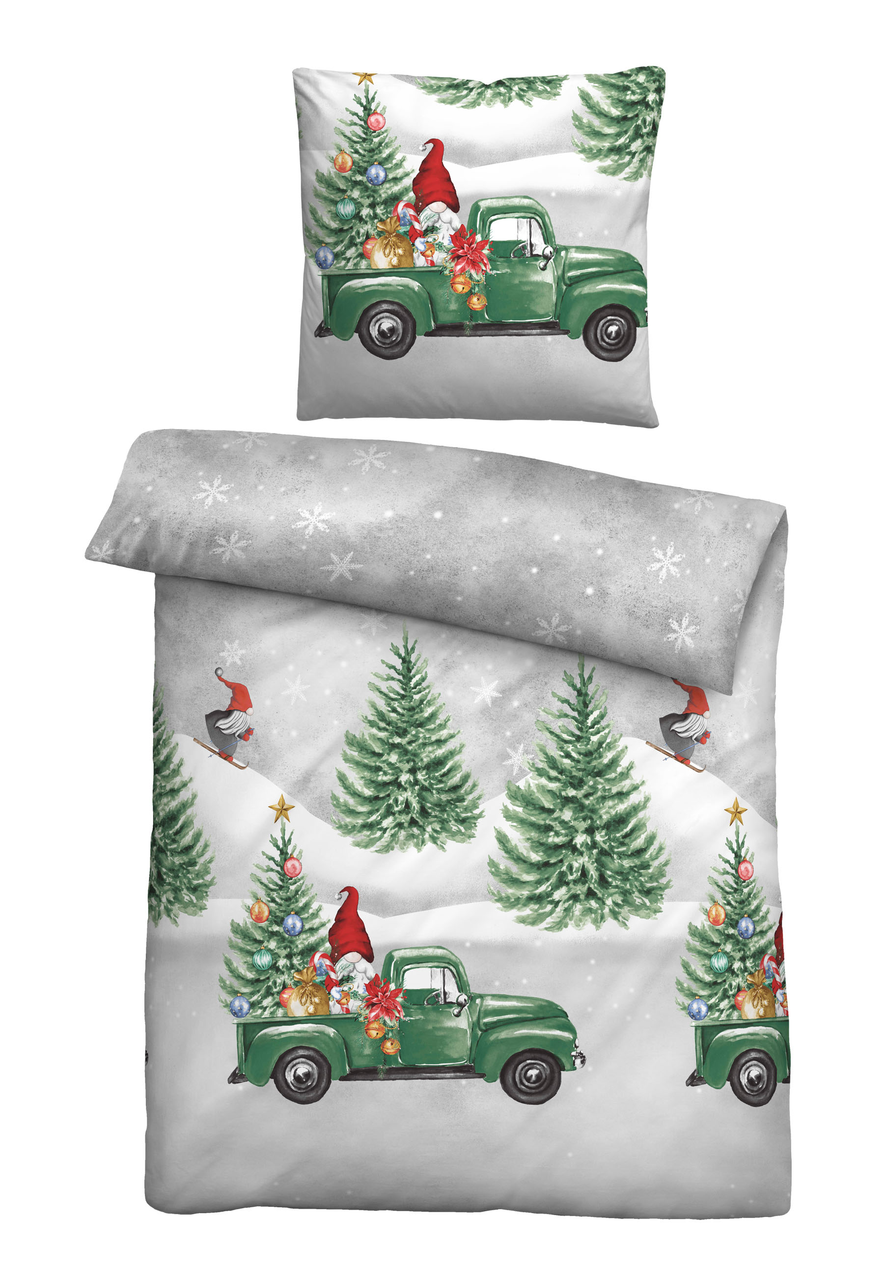 Biberna Feinbiber Bettwäsche Wichtel&Weihnachtsbaum, 135x200 cm+80x80 cm, sturmgrau