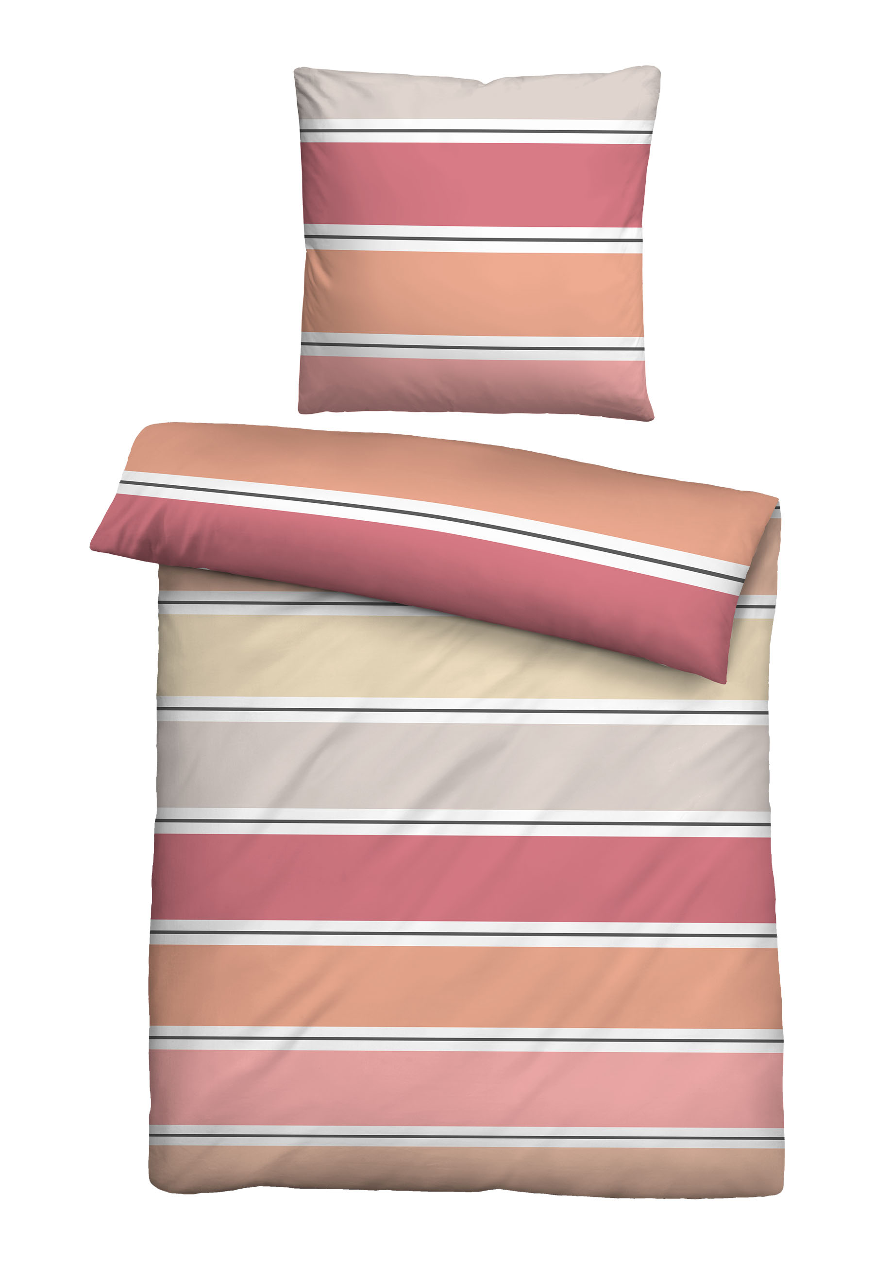 Biberna Seersucker Bettwäsche Querbalken, 155 x 220 cm + 80 x 80 cm, koralle