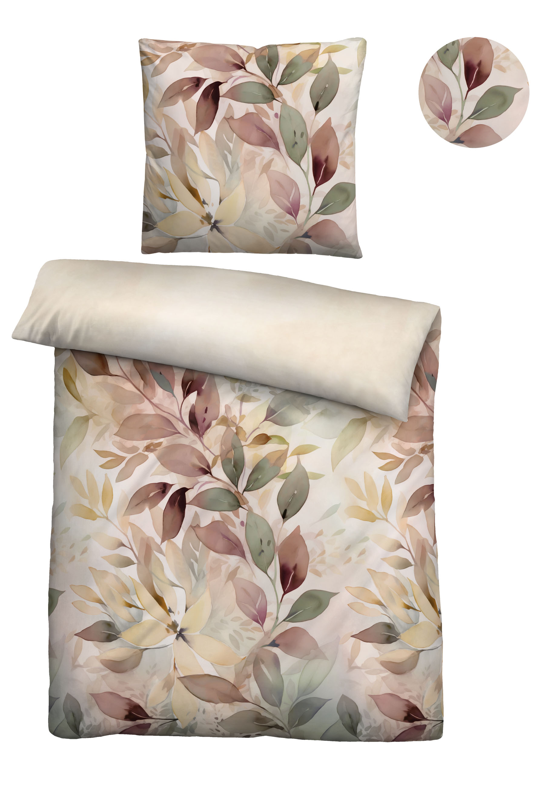 Biberna Blätterranke 155x220 cm+80x80 cm, Satin Bettwäsche macchiato