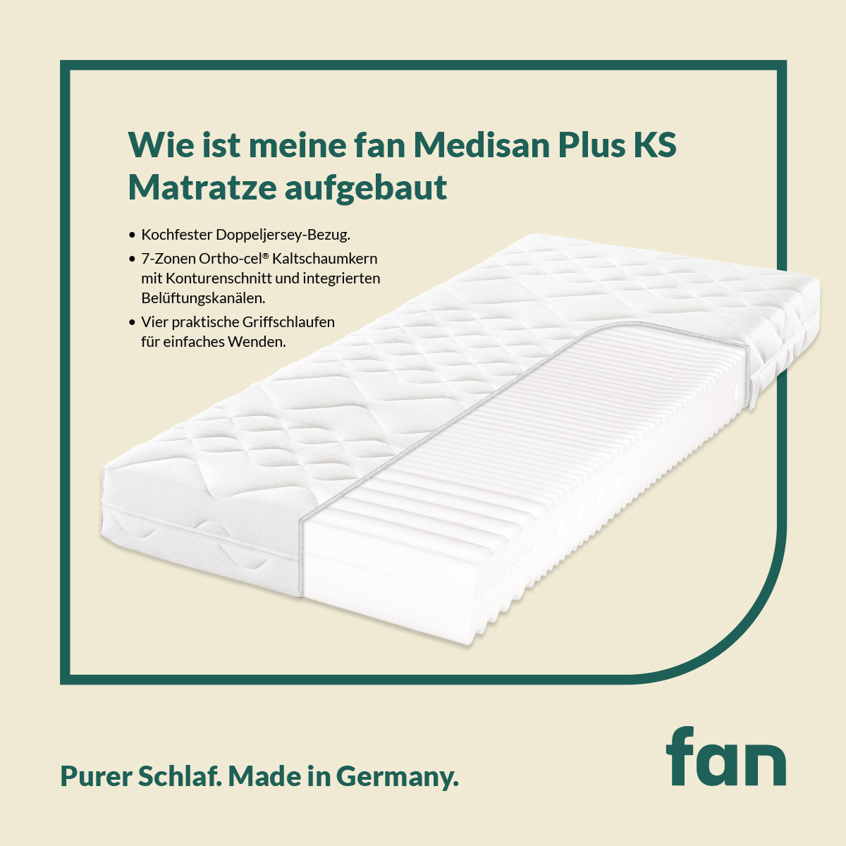 fan Medisan Plus KS  90 x 190 cm H3, 7-Zonen-Ortho-cel-Kaltschaumkern-Matratze