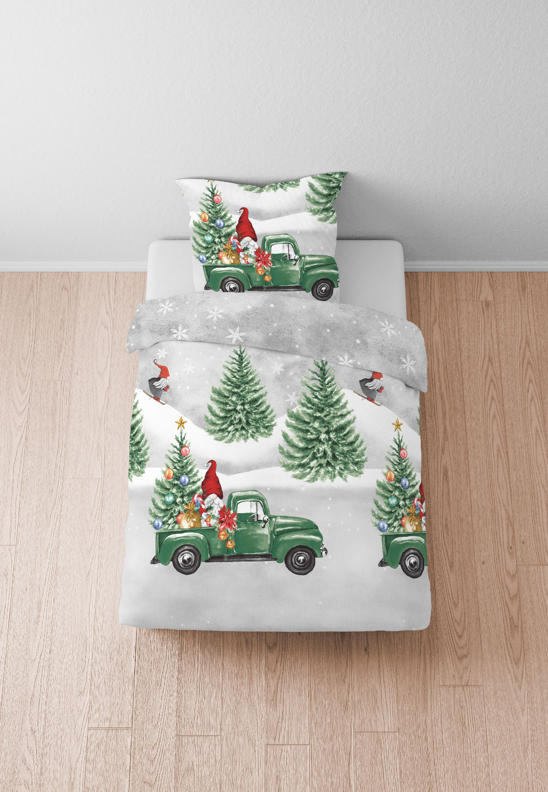 Biberna Feinbiber Bettwäsche Wichtel&Weihnachtsbaum, 135x200 cm+80x80 cm, sturmgrau