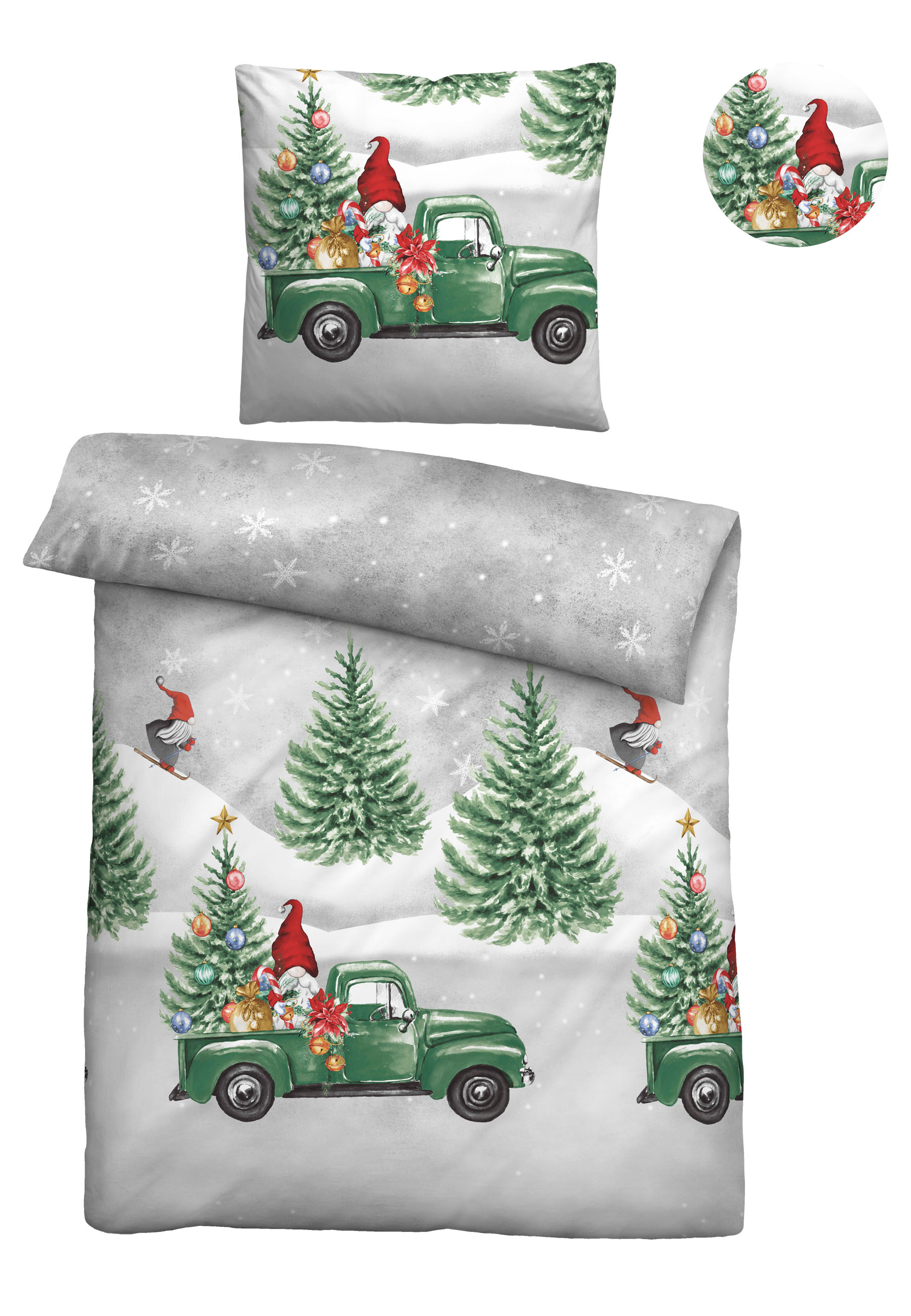 Biberna Feinbiber Bettwäsche Wichtel&Weihnachtsbaum, 135x200 cm+80x80 cm, sturmgrau
