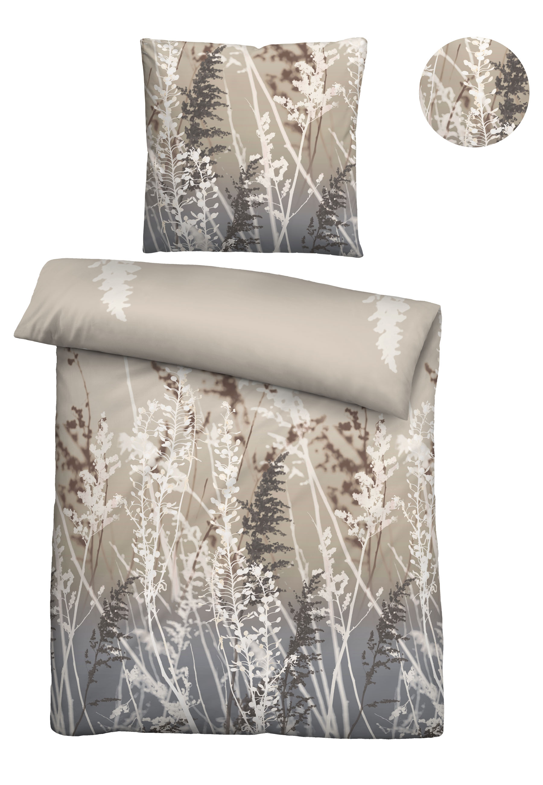 Biberna Gräser 135x200 cm+80x80 cm, Feinbiber Bettwäsche taupe